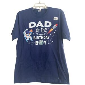 NWOT Port and Company Men's Cut Dark Blue T Shirt Dad of the Birthday Boy Sz Med